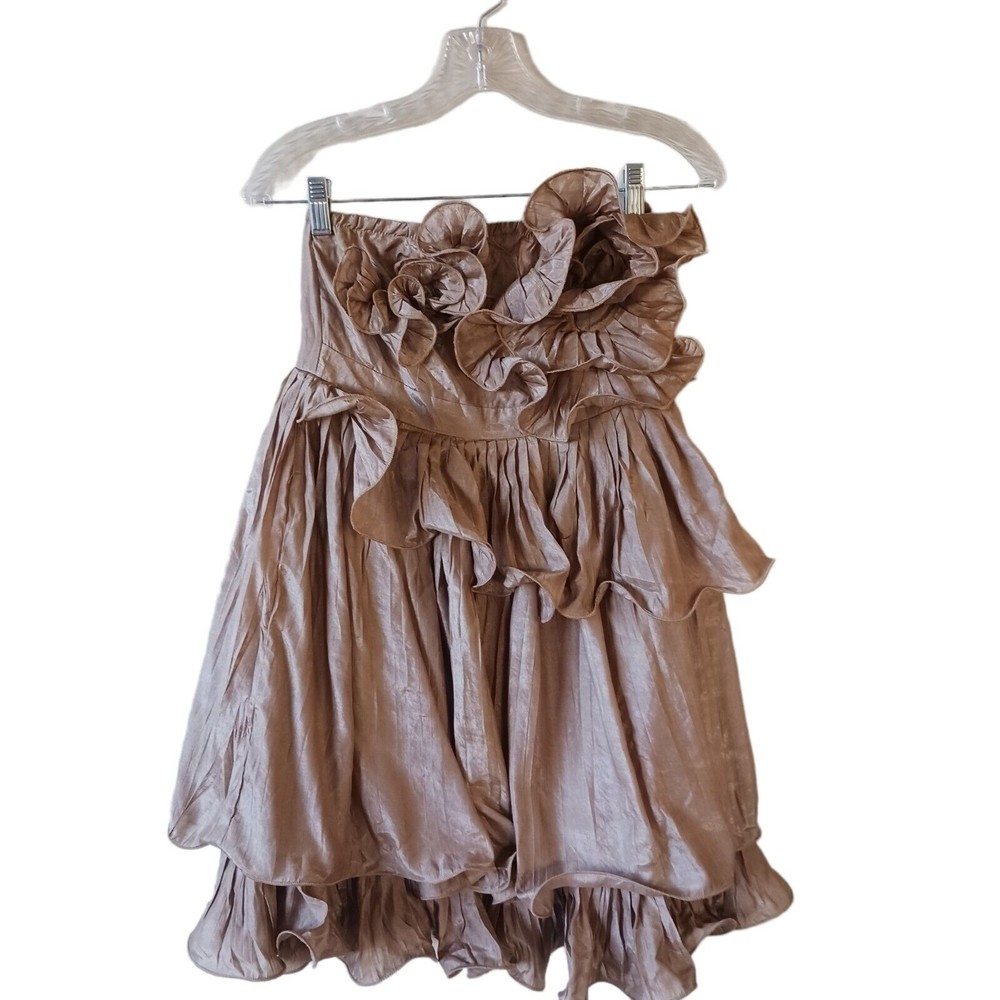 Ryu Strapless Smocked Mini Dress Size Small Gold/Brown Ruffles Wedding Night Out
